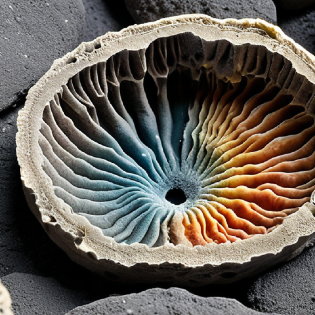 **

A cross-section of deep-sea sediment core, vividly showcasing layers of different colors and textures. Include visible microfossils like foraminifera and diatoms.  Add annotations in Japanese highlighting key components:  石灰質軟泥 (sekkaishitsu nandei – calcareous ooze), 珪質軟泥 (keishitsu nandei – siliceous ooze), 火山灰 (kazanbai – volcanic ash). The overall aesthetic should evoke a sense of mystery and the vastness of geological time. Use a style that blends scientific accuracy with artistic interpretation, similar to geological survey illustrations.

**