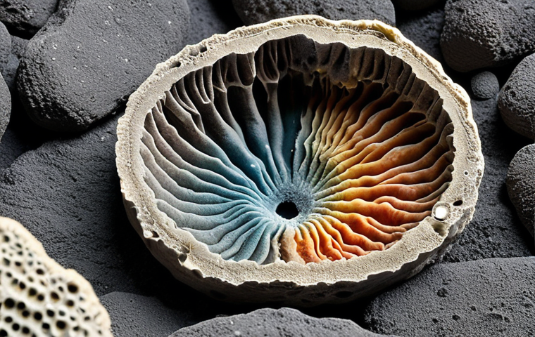 **

A cross-section of deep-sea sediment core, vividly showcasing layers of different colors and textures. Include visible microfossils like foraminifera and diatoms.  Add annotations in Japanese highlighting key components:  石灰質軟泥 (sekkaishitsu nandei – calcareous ooze), 珪質軟泥 (keishitsu nandei – siliceous ooze), 火山灰 (kazanbai – volcanic ash). The overall aesthetic should evoke a sense of mystery and the vastness of geological time. Use a style that blends scientific accuracy with artistic interpretation, similar to geological survey illustrations.

**