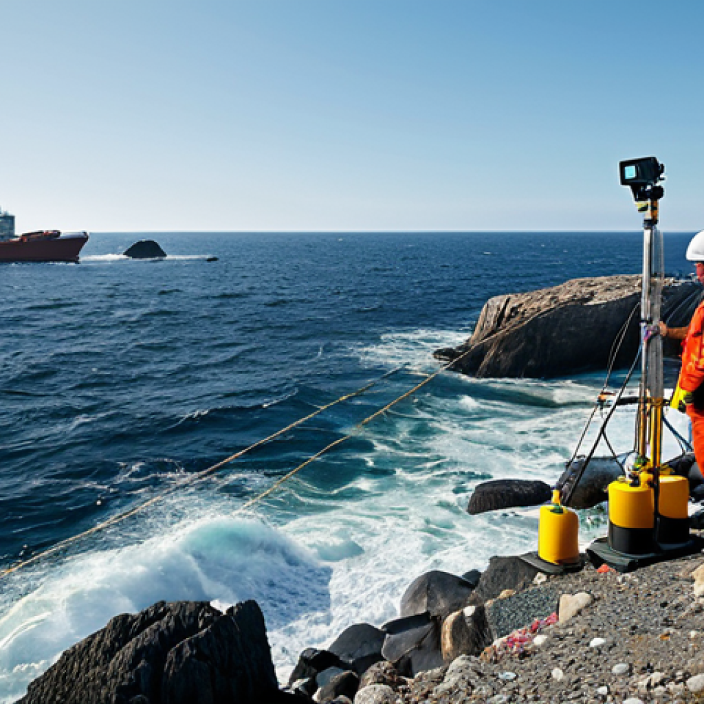 Coastal Monitoring Station**
"A modern marine monitoring station on a rocky coastline, fully clothed scientists analyzing data on computers, sensor buoys visible in the ocean, professional equipment, appropriate attire, safe for work, perfect anatomy, natural proportions, family-friendly, high-quality image."
**