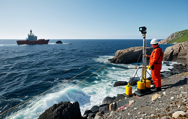 Coastal Monitoring Station**

"A modern marine monitoring station on a rocky coastline, fully clothed scientists analyzing data on computers, sensor buoys visible in the ocean, professional equipment, appropriate attire, safe for work, perfect anatomy, natural proportions, family-friendly, high-quality image."

**