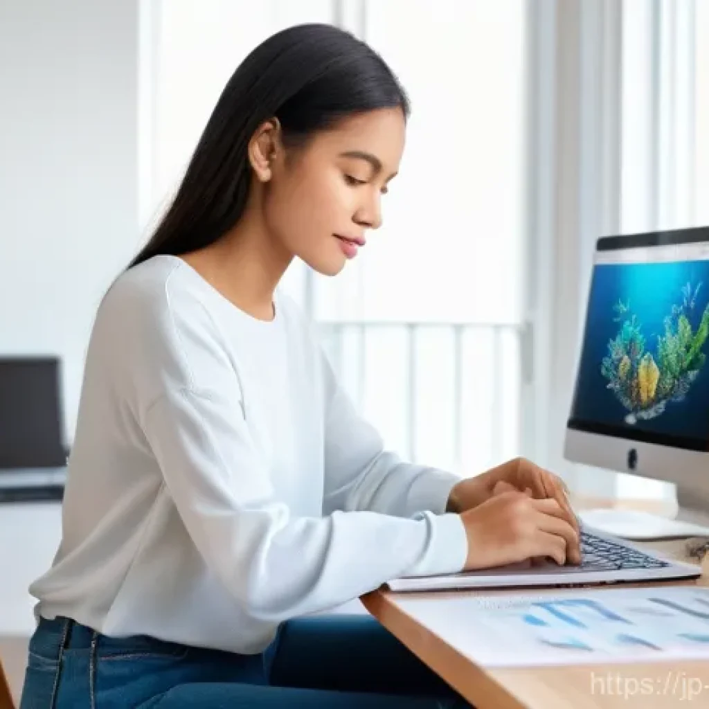 해양학 온라인 강의 - **Prompt:** A young woman (early 20s) with a bright, curious expression, sitting comfortably at a mo...