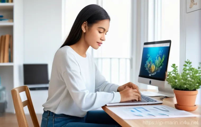 해양학 온라인 강의 - **Prompt:** A young woman (early 20s) with a bright, curious expression, sitting comfortably at a mo...