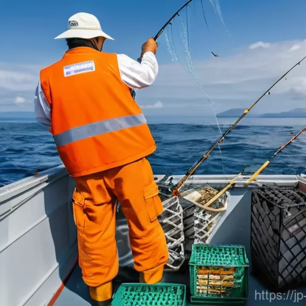 해양 수산자원 관리 - **Sustainable Fishing in Japan: "Harvesting with Care"**
A bright, wide-angle shot of a modern J...