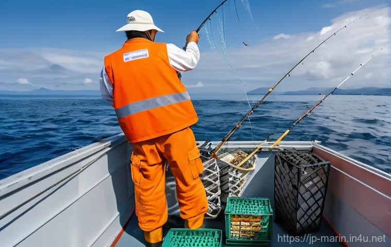 해양 수산자원 관리 - **Sustainable Fishing in Japan: "Harvesting with Care"**
    A bright, wide-angle shot of a modern J...