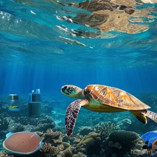 해양 플라스틱 오염 - **Prompt:** A serene underwater scene showcasing a vibrant coral reef teeming with diverse marine li...