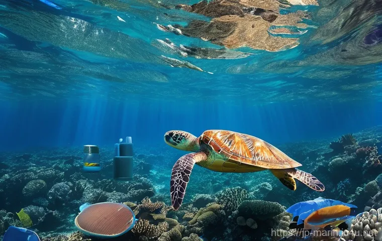 해양 플라스틱 오염 - **Prompt:** A serene underwater scene showcasing a vibrant coral reef teeming with diverse marine li...