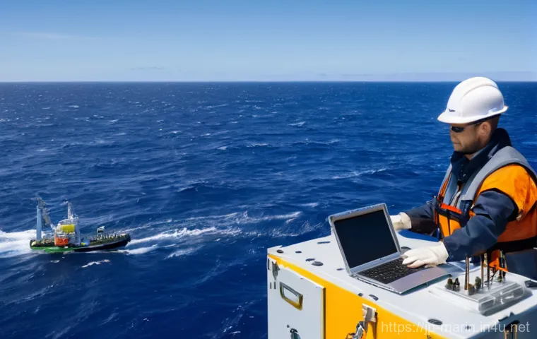 해양학 실험기기 사용법 - **Prompt:** A diverse team of oceanographers, clad in professional maritime workwear including life ...