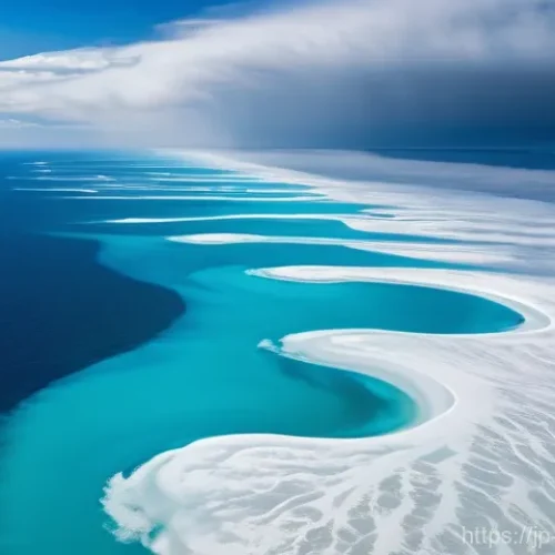 해양 대기와 해양 상호작용 - **Prompt:** A stunning, high-resolution aerial view of a dynamic oceanic and atmospheric system, cap...