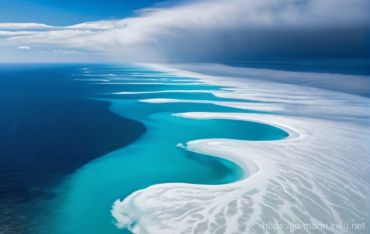 해양 대기와 해양 상호작용 - **Prompt:** A stunning, high-resolution aerial view of a dynamic oceanic and atmospheric system, cap...